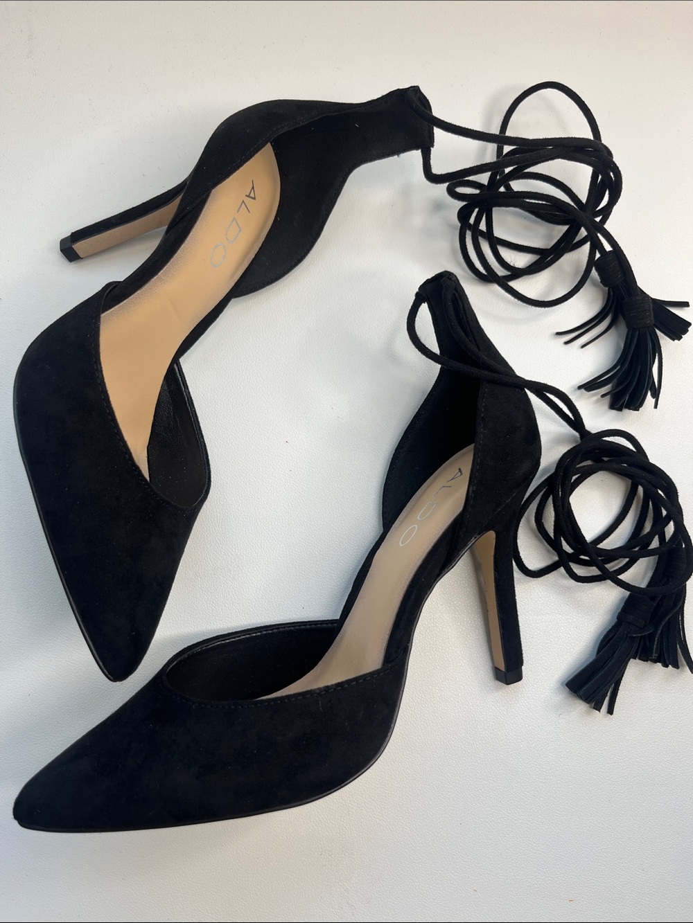 Aldo heels Venosta black suede lace-up stiletto heels with tassel details.